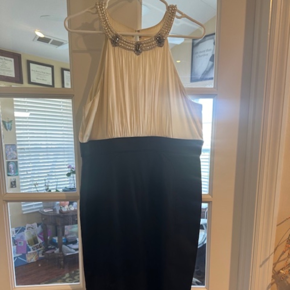 Jones New York short, elegant cream and black dress. Size 14